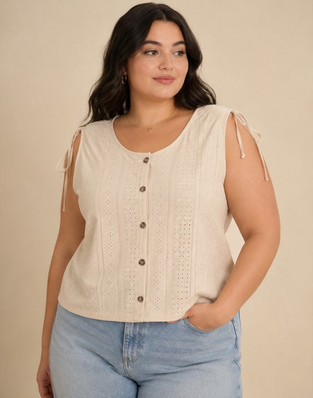 Eyelet Lace Top Sleeveless Button Front Cream XXL Boho Cottagecore Stretch Tank